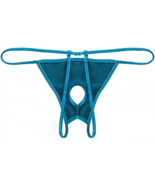 G-Strings & Thongs Men's Shiny Metallic Low Rise Hole Open Butt G-String Thong Bikini Briefs Underwear - Lake Blue - CH198UM5MZK