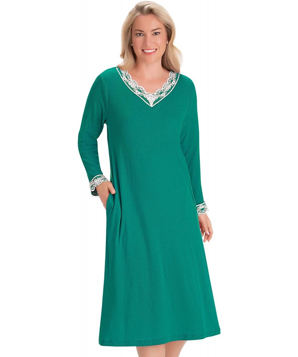 Nightgowns & Sleepshirts Diamond Pattern Lace Trim Pointelle Long Sleeve Nightgown with Side Pockets - Hunter Green - CJ1925G...