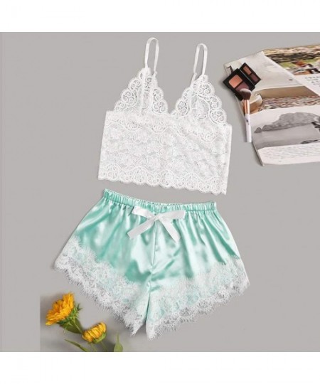 Sets Sexy Pajama Set-Women's V-Neck Lace Cami and Satin Panty Sleepwear Set Spaghetti Strap Underwear Outfit - Green - CB1933...