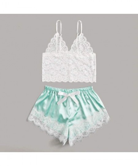Sets Sexy Pajama Set-Women's V-Neck Lace Cami and Satin Panty Sleepwear Set Spaghetti Strap Underwear Outfit - Green - CB1933...
