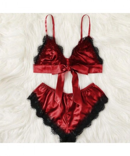 Sets Tie Knot Bra + Bottoms Sexy Pajama Sets for Women Exotic Crop Cami Shorts Lingerie Set Satin Sexy Nightwear Red - C1196M...