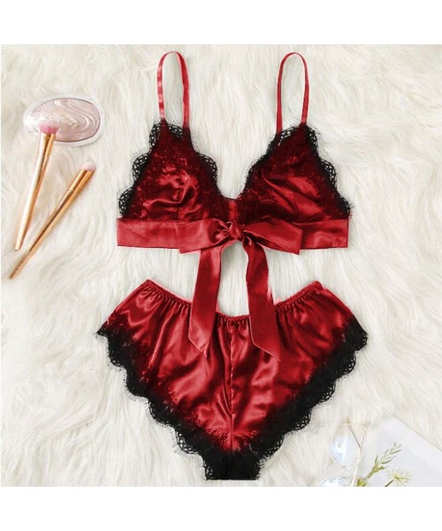 Sets Tie Knot Bra + Bottoms Sexy Pajama Sets for Women Exotic Crop Cami Shorts Lingerie Set Satin Sexy Nightwear Red - C1196M...