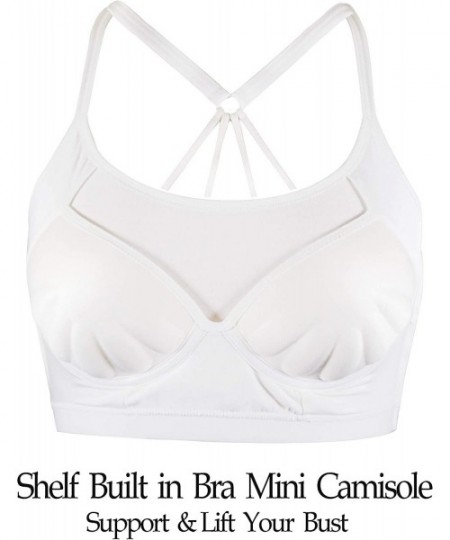 Bras Mini Camisole with Built-in Bra Adjustable Spaghetti Strap Padded Short Cami Bra for Yoga Comfortable Tank Tops - White-...