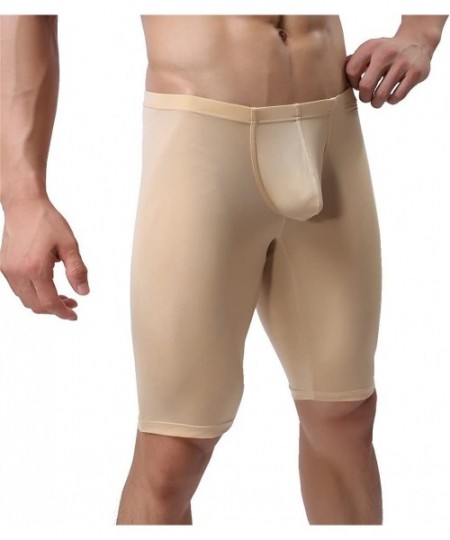 Boxers Men's Long Boxer Briefs Underwear Compression Pants Stretch Base Layer - Beige - CD18234Z6L9