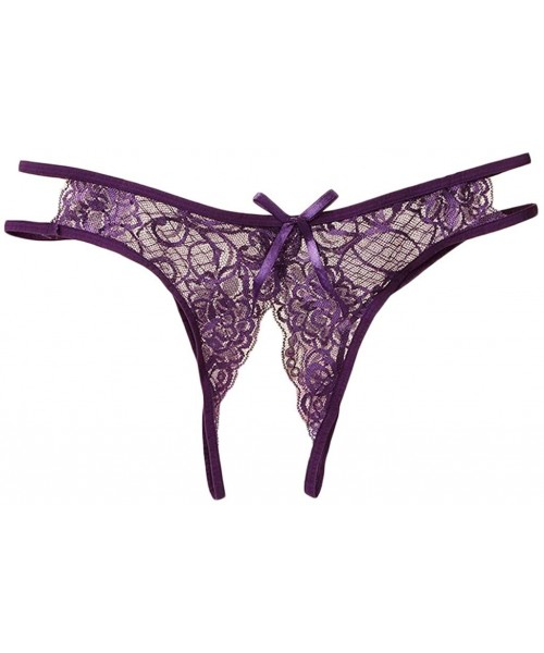 Slips Sexy Lingerie for Women Lace Briefs Sexy Lingerie Underwear Open Crotch Pearl Pendant Panties Purple - CC197AQMQTI