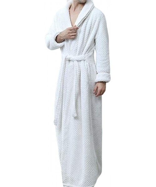 Robes Mens Long Sleeve Lapel Robe Warm Fleece Shawl Bathrobe Spa Robe Housecoats Sleepwear - White - CH192ECRGQ0