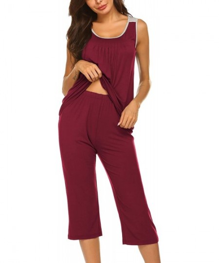 Sets Womens Pajama Sets Capri Pants with Pleated Tank Tops Soft Sleepwear Ladies Sleep Sets - A-wine Red - CY18UL06KGI