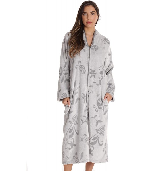 Robes Floral Jaquard Plush Zipper Lounger Robe for Women with Pockets - Grey - CM18X6S7CWE