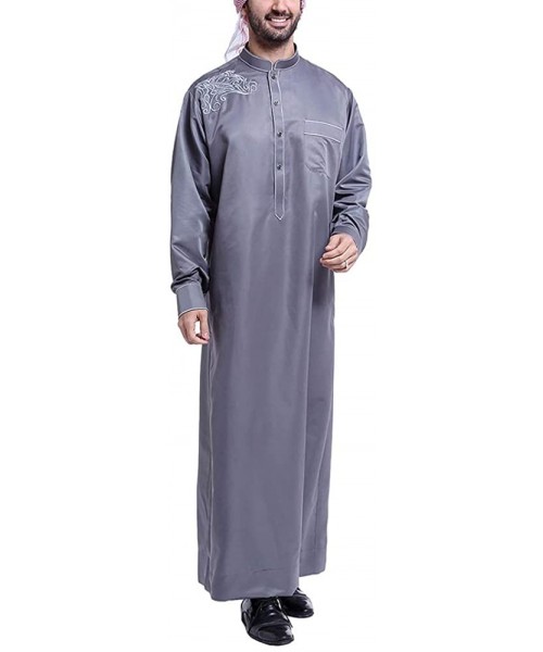 Robes Classic Robe National Clothes Men Long Sleeve Shirts Mandarin Collar Tops - Dark Grey - C2193LED2ON