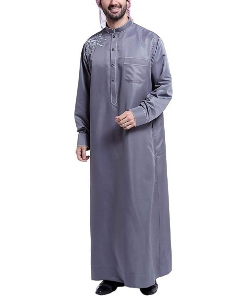 Robes Classic Robe National Clothes Men Long Sleeve Shirts Mandarin Collar Tops - Dark Grey - C2193LED2ON