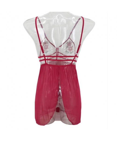 Baby Dolls & Chemises 2020 Women Plus Size Embroidered Applique Lingerie Red Babydoll Sleepwear Set(Wine Red-S) - Wine Red - ...