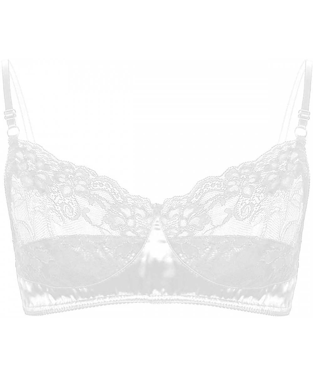 Bras Men's Sissy Lingerie Lace Whisper Bralette Wire-Free Crossdress Bra Top - White Satin - CD18N8ORNTW