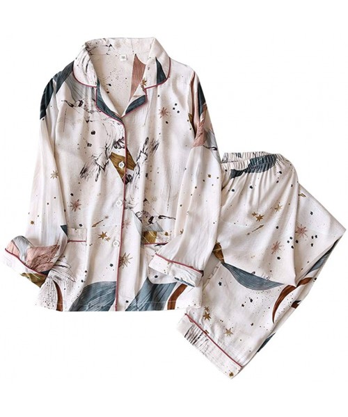 Sets Women Pajama Set Long Sleeve Personalized Print V Neck Button Top + Loose Trousers - Beige - CT19D0UNC2W