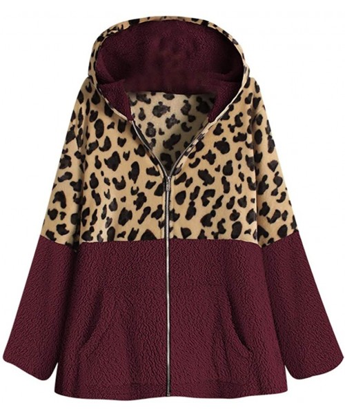 Baby Dolls & Chemises Women Zip-up Leopard Patchwork Hooded Jacket Coat Fleece Hoodie Pullover Top Sweater with Pocket - Wine...