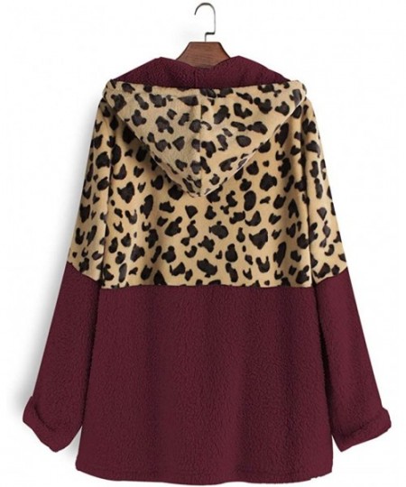 Baby Dolls & Chemises Women Zip-up Leopard Patchwork Hooded Jacket Coat Fleece Hoodie Pullover Top Sweater with Pocket - Wine...
