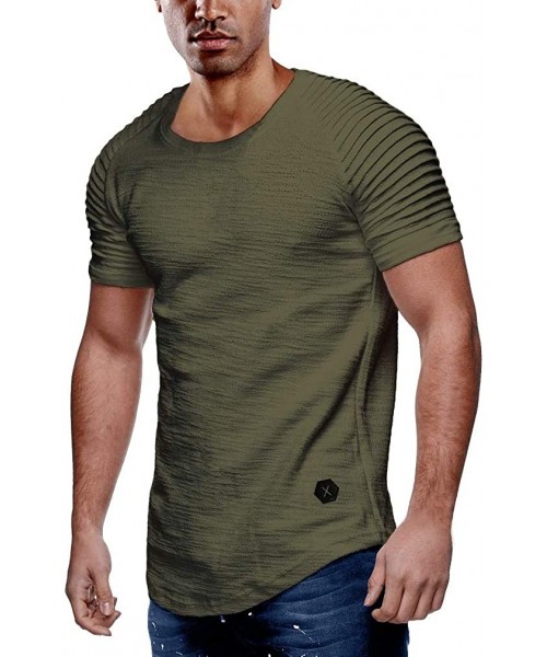 Sleep Tops Mens Short Sleeve Tshirt Longline Curved Hem Shirt Summer Casual Slim Fit Tee - Army Green - CJ18NT7GI4U
