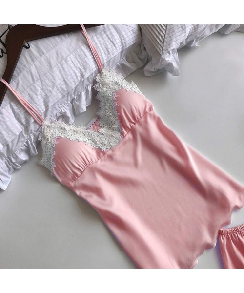 Shapewear Women 2PC Sleepwear Sets-Sexy Lace Lingerie Nightwear Loose Underwear Babydoll Shorts - Pink - CE18SZ0K898