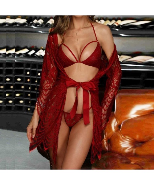Bustiers & Corsets 3PC Women Plus Size Floral Lace Trim Up Robe Bra Panty Set Nightgown Lingerie - Red - CH195AQNDMM
