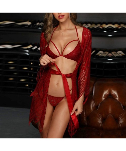Bustiers & Corsets 3PC Women Plus Size Floral Lace Trim Up Robe Bra Panty Set Nightgown Lingerie - Red - CH195AQNDMM