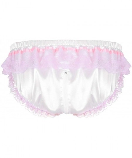 Briefs Men's Satin Ruffled Floral Lace Zipper Crotch Bikini Briefs Sissy Pouch Panties Underwear - C519DSRMHKU