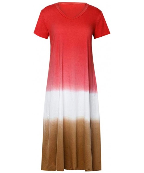 Thermal Underwear Womens Gradient Color Block Maxi Dress- Patchwork Fall Loose Dress - 4 Red - CP18UZY8K5E