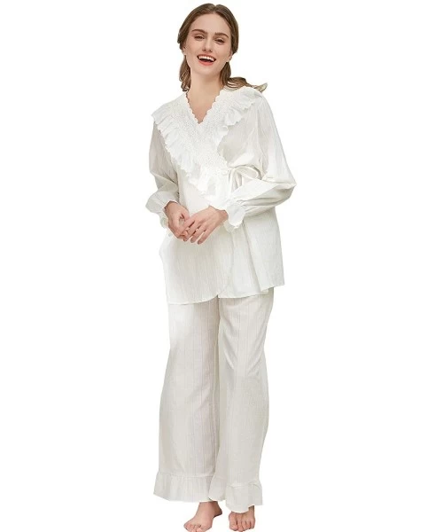 Nightgowns & Sleepshirts Women Pajamas Set Cotton Long Sleeve Button Down Sleep Shirt Womens Loungewear Set Cotton Nightie - ...
