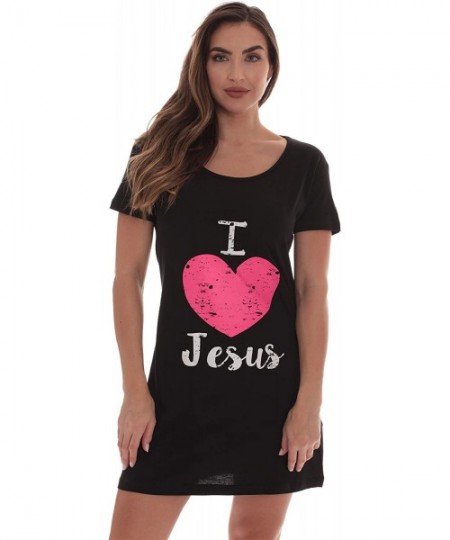 Nightgowns & Sleepshirts 100% Cotton Sleep Dress Night Shirt for Women with Religious Sayings - Black - I Love Jesus - CJ18LS...