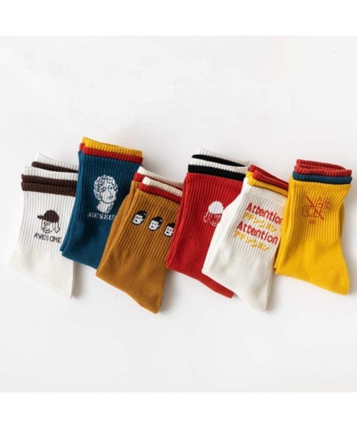 Baby Dolls & Chemises Cotton Socks Women Cartoon Print Color Stitching Gift Letter Funny Mid Calf Crew Socks - Black - C918ZH...