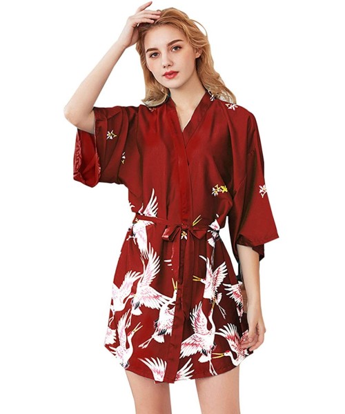 Robes Womens Short Kimono Robe Nightgown Satin Floral Lightweight Bridesmaids Summer Bathrobe Sleepwear - Burgundy - C8190HI8KYD