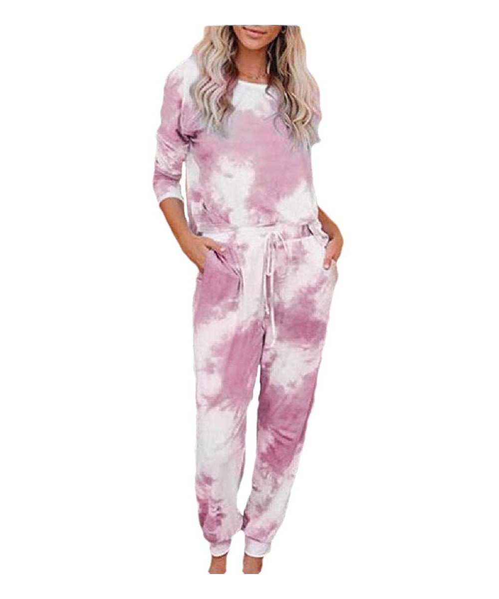 Sets Women Tie Dye Pajamas Set Long Sleeves Two Pieces Pullover Tops and Pants PJ Sets Joggers Sleepwear Loungewear Pink - C7...