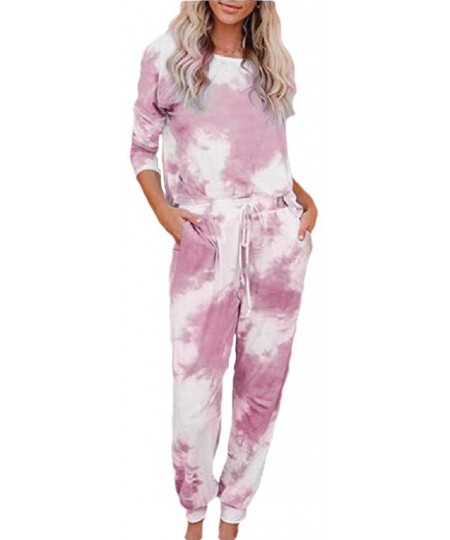 Sets Women Tie Dye Pajamas Set Long Sleeves Two Pieces Pullover Tops and Pants PJ Sets Joggers Sleepwear Loungewear Pink - C7...