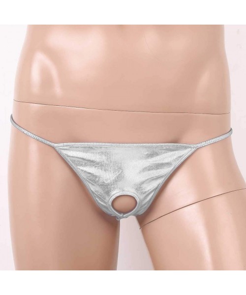 G-Strings & Thongs Men's Shiny Metallic G-String Thong Jockstrap Low Rise Open Pouch Bikini Briefs Underwear - Silver - CV19C...