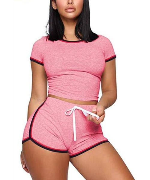 Sets Two Piece Outfits for Women - Sexy Pajamas Crop Tops Workout Shorts Sweatsuits Sets - Stripe Pink - CO198MA2X5M