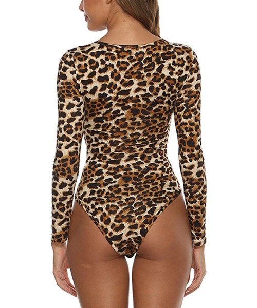 Shapewear Women's Sexy Deep V-Neck Long Sleeve Solid Stretchy Leotard Bodysuit - Leopard1 - CL192UXESL4