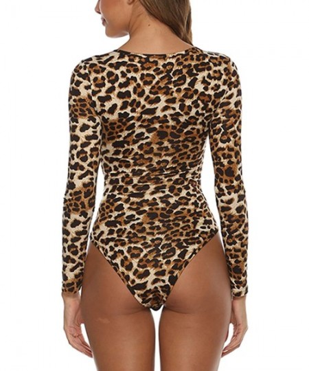 Shapewear Women's Sexy Deep V-Neck Long Sleeve Solid Stretchy Leotard Bodysuit - Leopard1 - CL192UXESL4