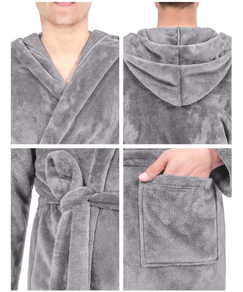 Robes Men's Fleece Bathrobe Soft Plush Spa Robe with Hood - Grey - CU198S79D8D