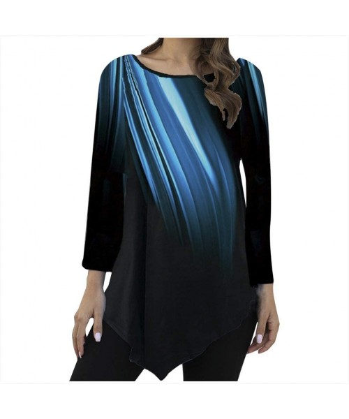 Tops Womens Graphic Print Loose Blouse Casual Long Sleeve Round Neck Tunic Shirts Asymmetrical Hem Pullover - Blue - CG193YICMYQ