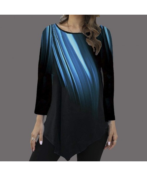 Tops Womens Graphic Print Loose Blouse Casual Long Sleeve Round Neck Tunic Shirts Asymmetrical Hem Pullover - Blue - CG193YICMYQ
