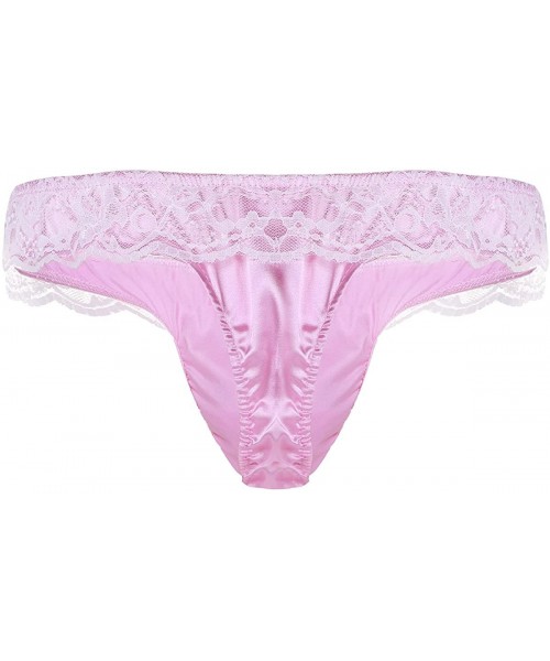 G-Strings & Thongs Mens Shiny Frilly Satin Lace Ruffle Sissy Pouch Panties Crossdress G-String Thongs - Pink - CC190ON5Z2Q