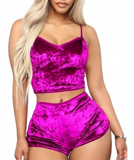 Sets Women Sexy Velvet 2 Piece Outfit Spaghetti Strap Sleeveless Crop Top+ Shorts Set - 1-rose - C9193Y03IT7