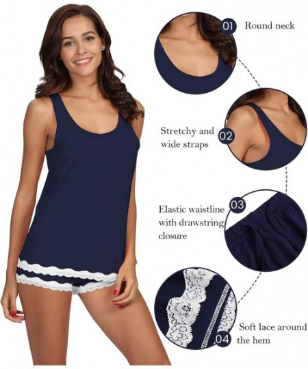 Sets Womens Bamboo Viscose Pajamas Soft Pajama Set Lace Trim Sleepwear Slips Tank Top with Shorts Pjs S-4X - A-navy - CN18SYC...