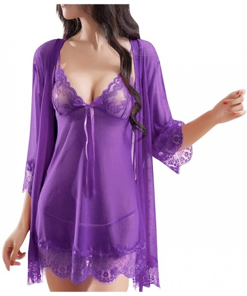 Baby Dolls & Chemises Women's Lingerie Nightgown Babydoll Sleepwear Lace Chemise Thong and Robe - Violet - CU18LADXWGA