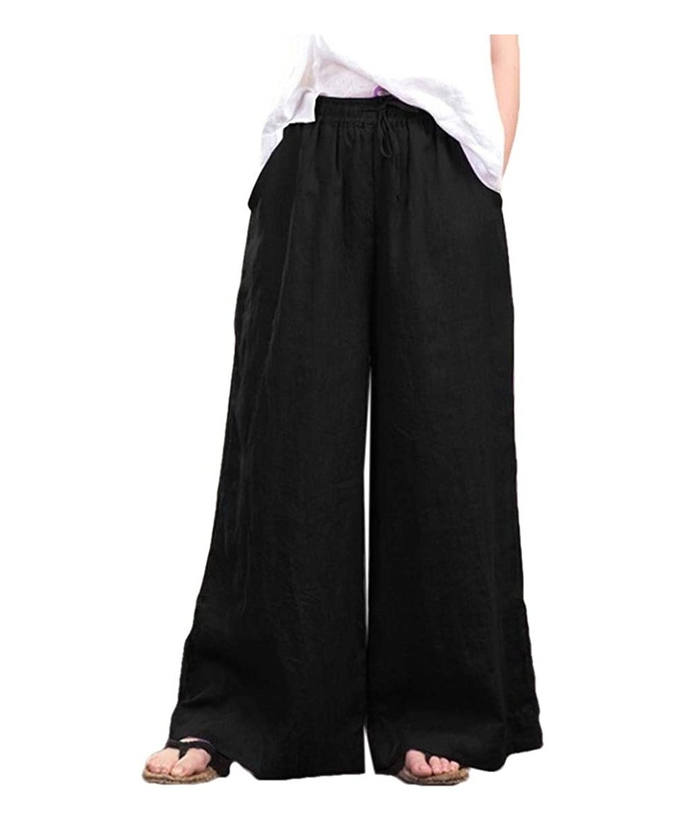 Bottoms Lightweight Cotton Linen Drawstring Loose Fit Solid Wide Leg Palazzo Lounge Pants - Black - CN19CM9MMGE