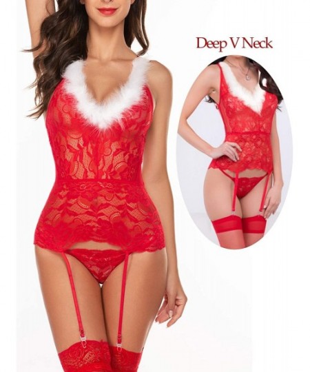 Baby Dolls & Chemises Christmas Garter Lingerie Set for Women Sexy Santa Teddy Babydoll Bodysuit(Stockings not Included) - Ch...