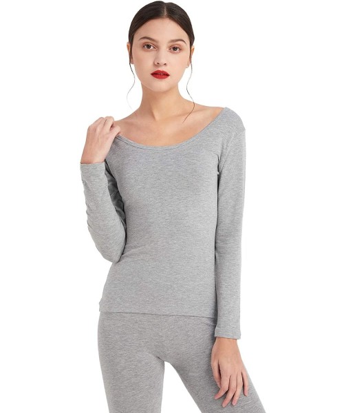 Thermal Underwear Women's Cotton & Modal Scoop Neckline Base Layer Thin Thermal Long Sleeve Top - Grey - CU18AL9Z2T4