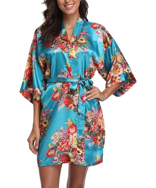Robes Floral Satin Kimono Robes for Women Short Bridesmaid and Bride Robe for Wedding Party - Blue - C7180KRCY8E