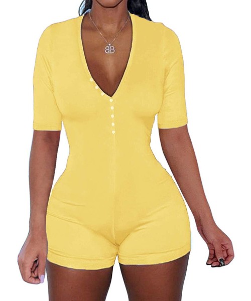 Onesies Women Striped One Piece Pajama Union Suit Underwear Set Long Sleeve Romper Jumpsuit Sleepwear - Solid Yellow - CM19C7...