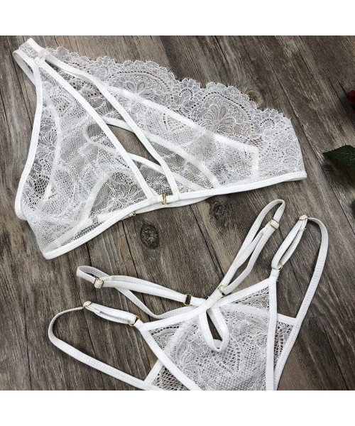 Sets Lingerie for Women for Sex Womens Sissy Lace Sexy Lingerie Straps Hollow Bra and Panty Bandage Set Babydoll White - CK18...