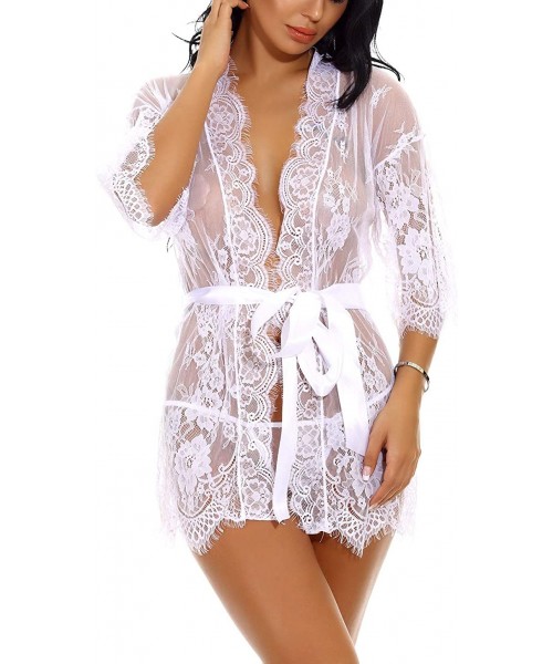 Nightgowns & Sleepshirts Women's Lace Kimono Robe Floral See-Thru Lingerie Nightwear with G-String - White - CL18QITCZQE