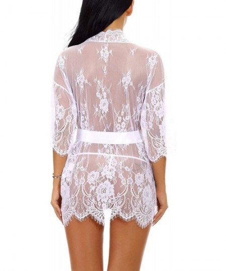 Nightgowns & Sleepshirts Women's Lace Kimono Robe Floral See-Thru Lingerie Nightwear with G-String - White - CL18QITCZQE
